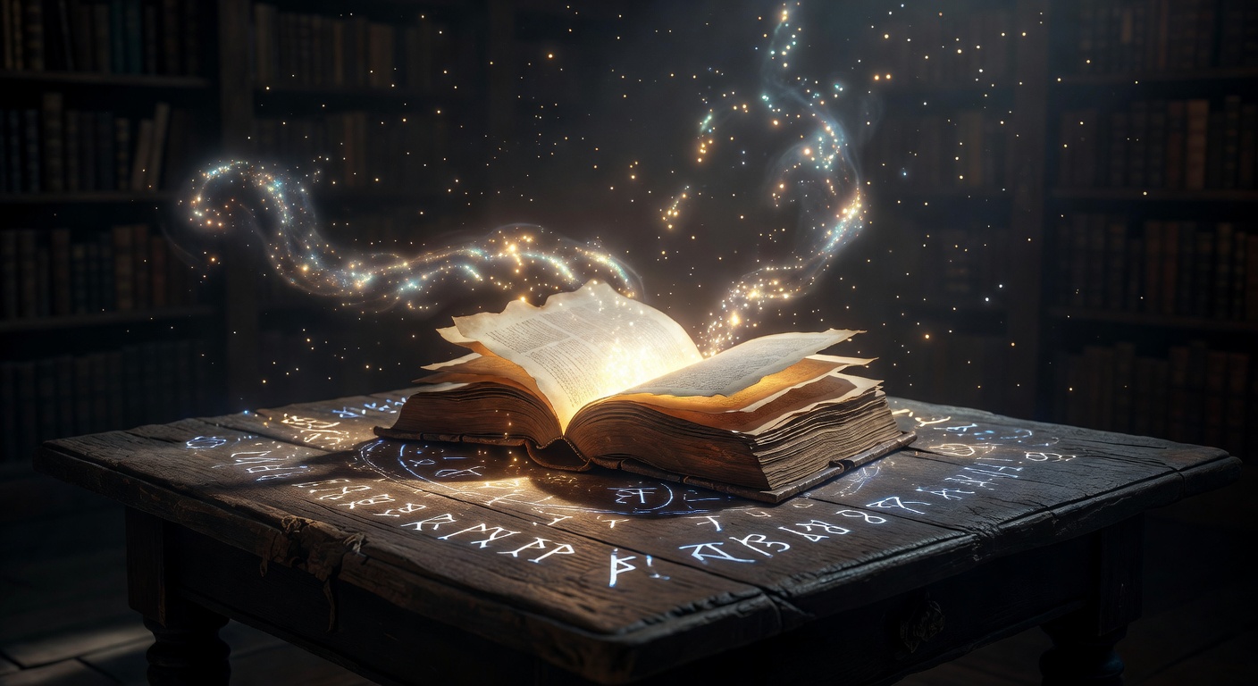 Glowing ancient book opening on a dark mystical table with magical particles