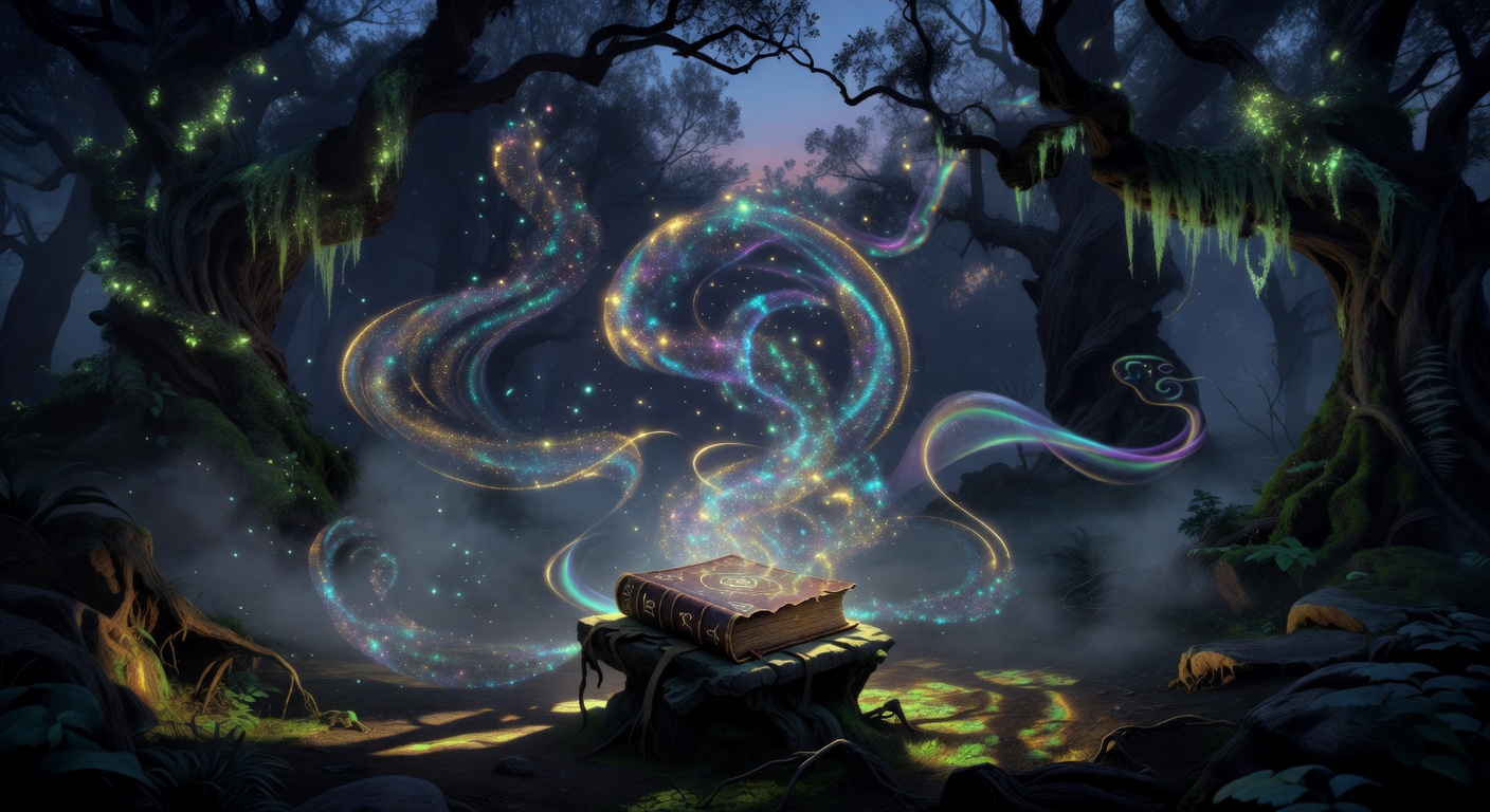Swirling magical particles and glowing energy drifting through a dark enchanted atmosphere